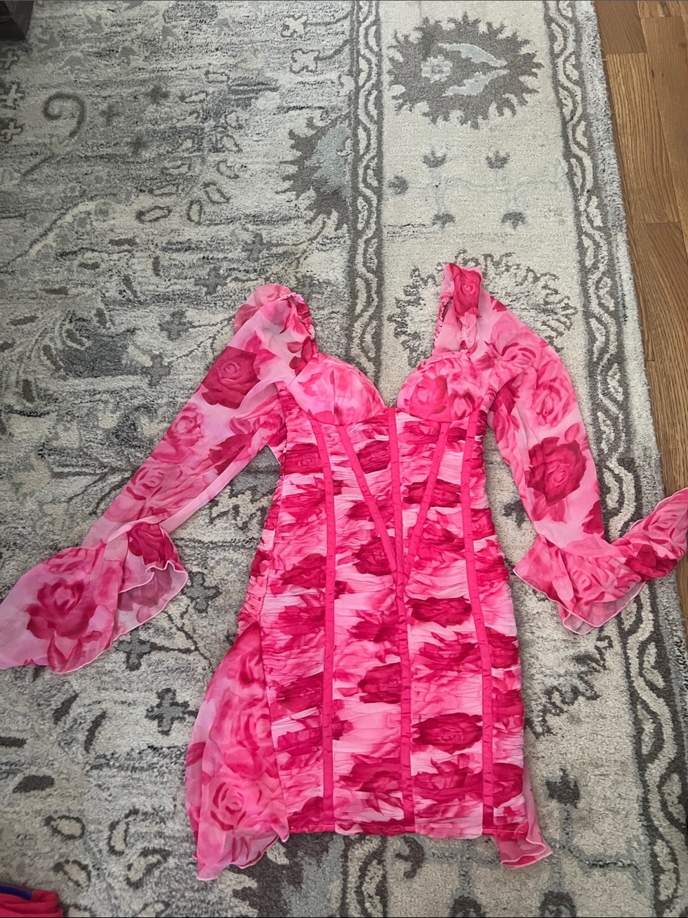 ASOS Pink Rose-Print Long Sleeve Bodycon Dress